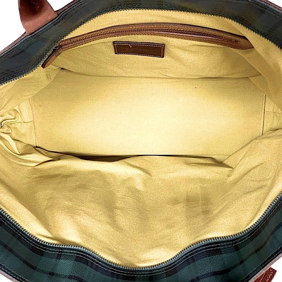 RALPH LAUREN BlackWatch Plaid Coated Canvas Brown Leather Top Zip Oversized Bag - Picture 6 of 16